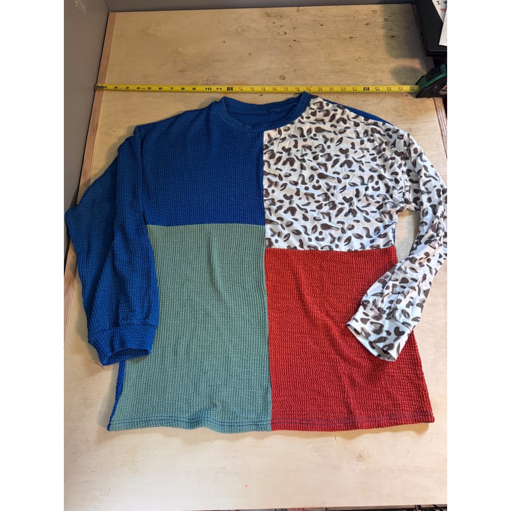 Colorblock Leopard Print Waffle Knit Long Sleeve Top Blue Red Green‎ Medium